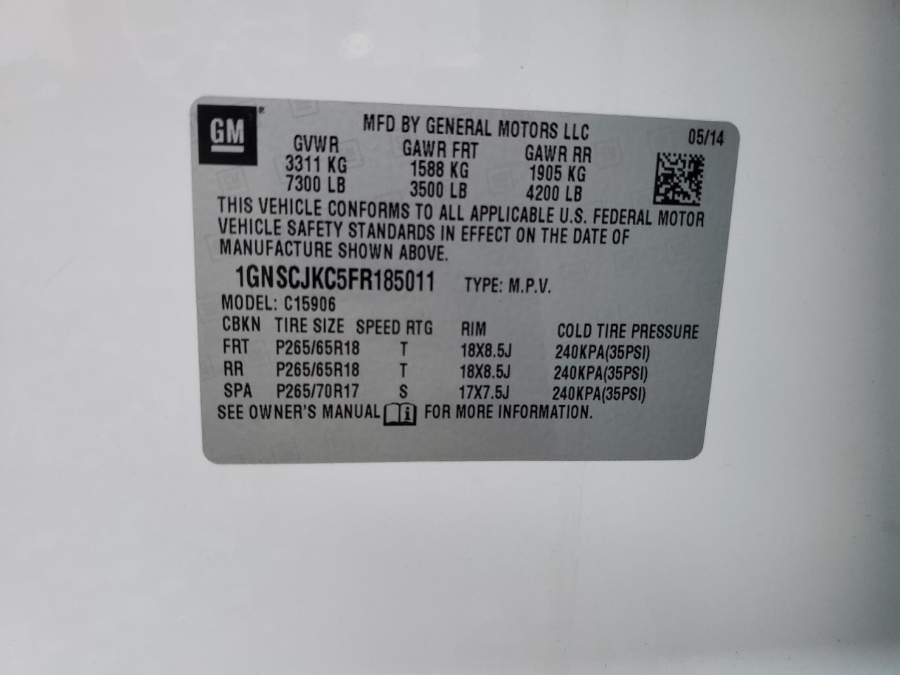 1gnscjkc5fr185011 1GNSCJKC5FR185011 2015 Chevrolet Suburban C1500 Lt