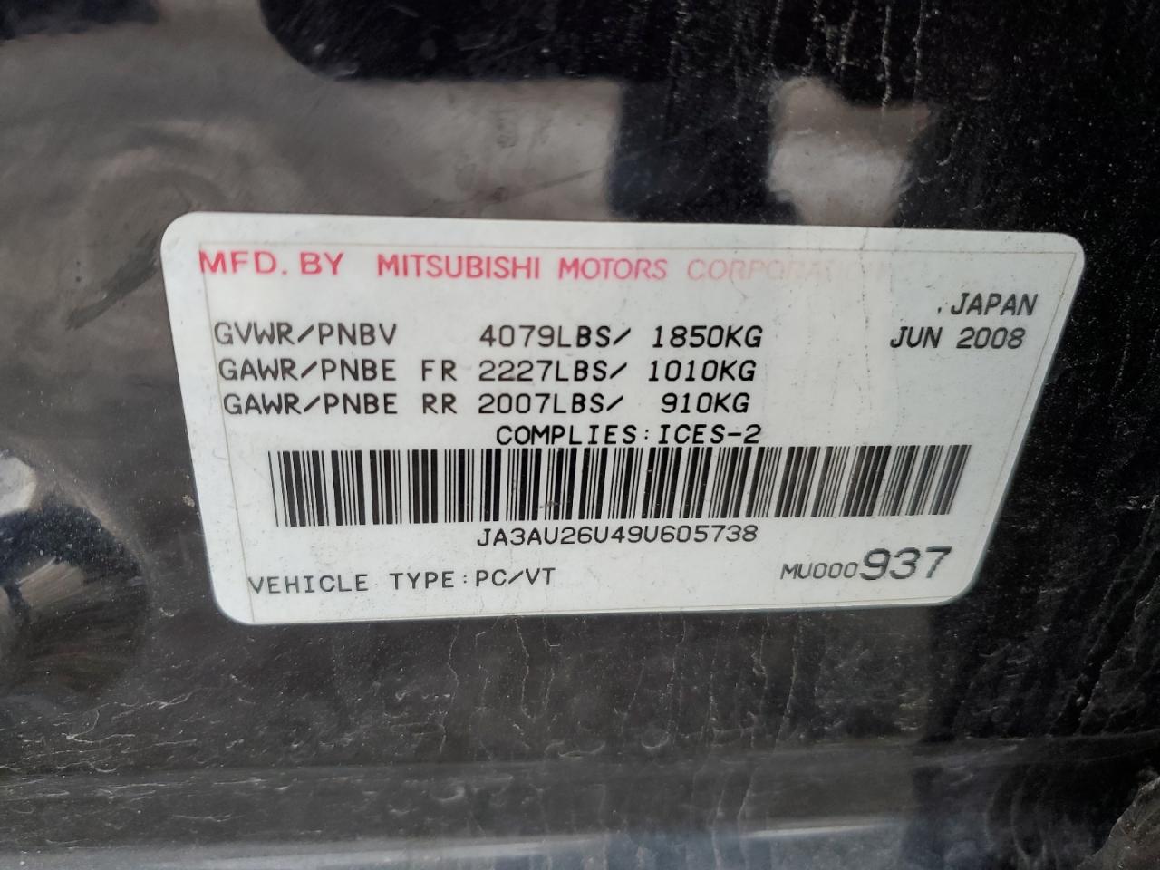 JA3AU26U49U605738 2009 Mitsubishi Lancer Es/Es Sport