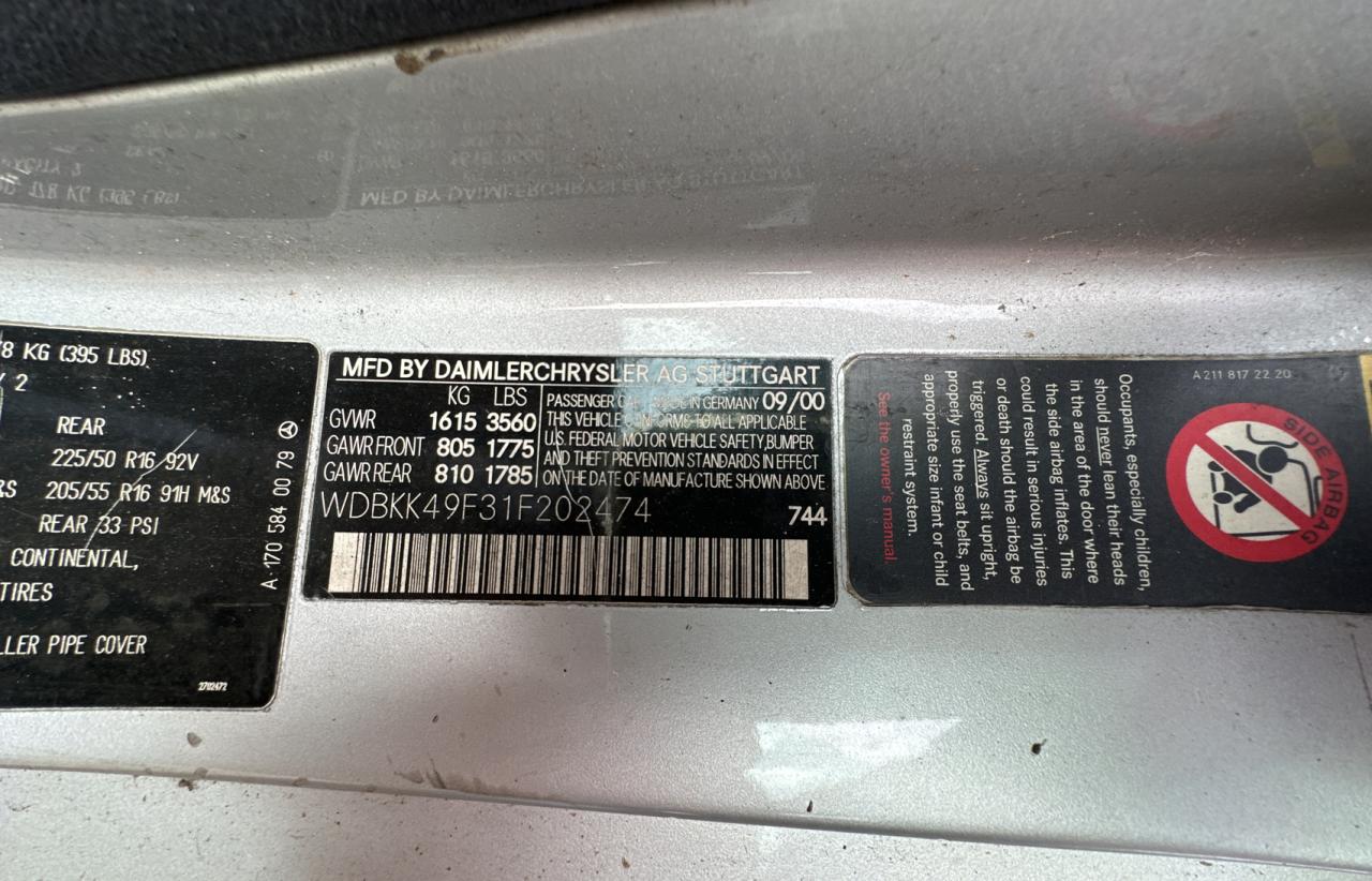 wdbkk49f31f202474 WDBKK49F31F202474 2001 Mercedes-Benz Slk 230 Kompressor
