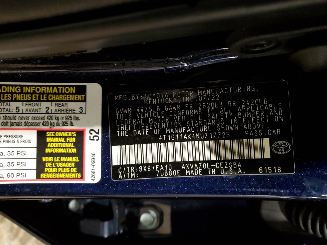 4T1G11AK4NU717725 2022 Toyota Camry Se