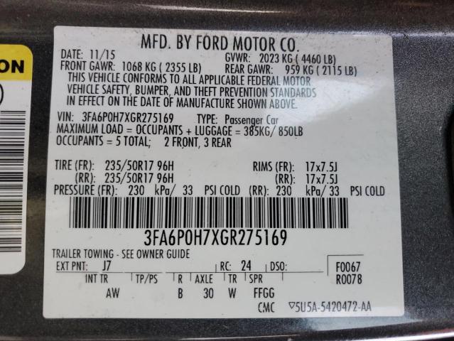 3FA6P0H7XGR275169 | 2016 FORD FUSION SE