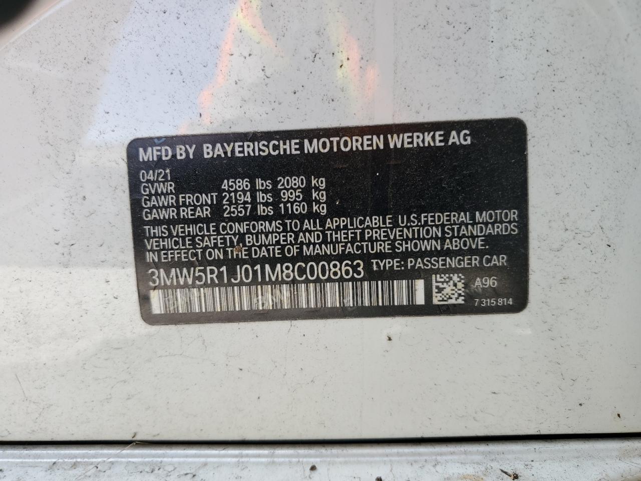 3MW5R1J01M8C00863 2021 BMW 330I