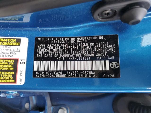 4T1B11HK7KU254684 | 2019 TOYOTA CAMRY L