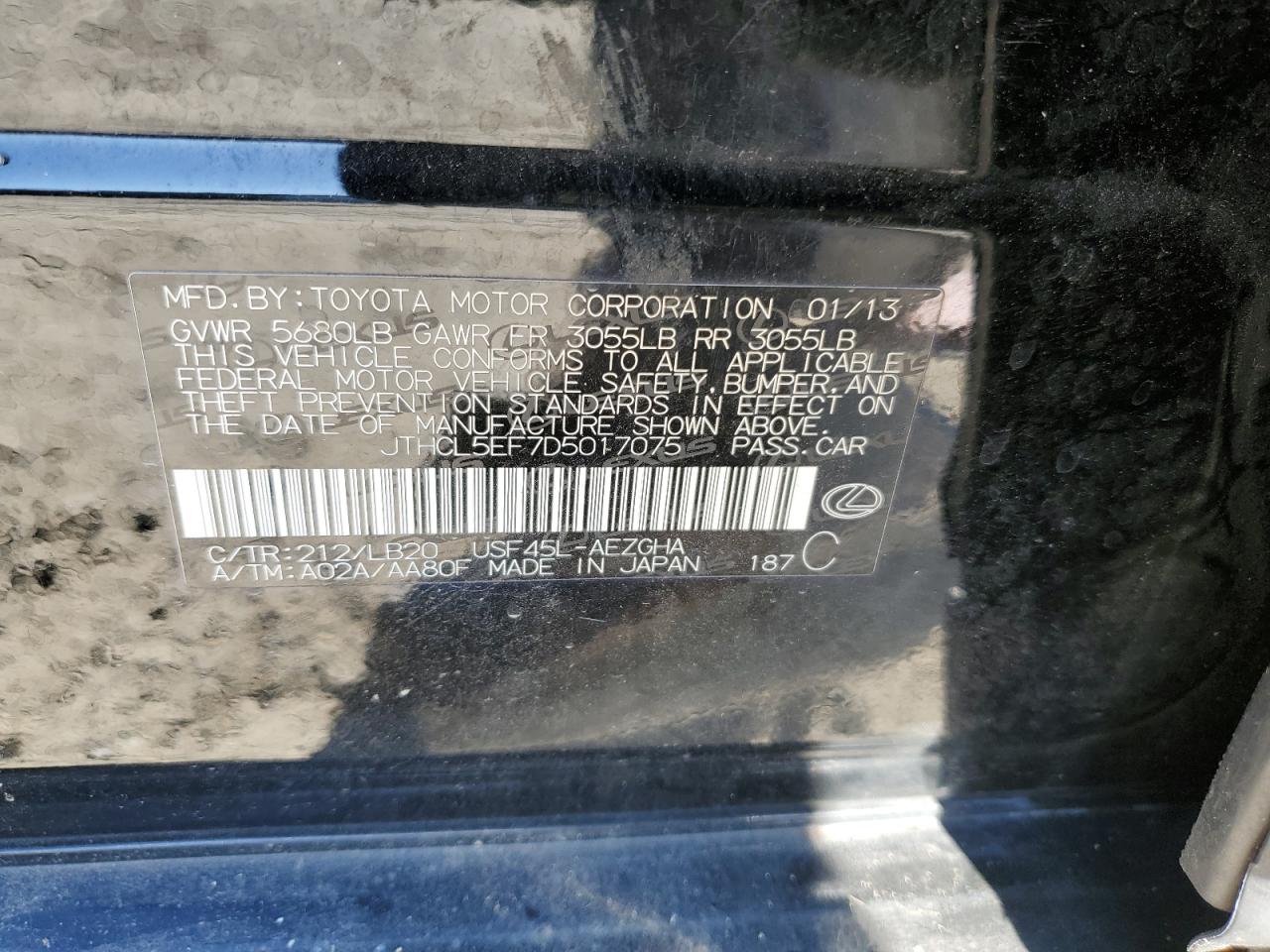 jthcl5ef7d5017075 JTHCL5EF7D5017075 2013 Lexus Ls 460