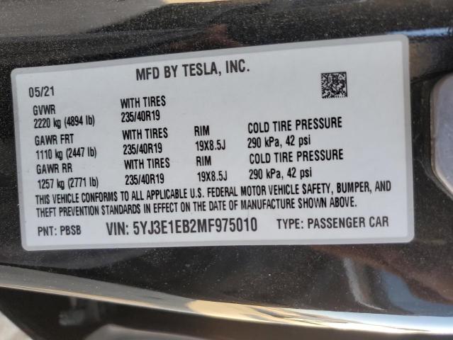 5YJ3E1EB2MF975010 | 2021 Tesla model 3