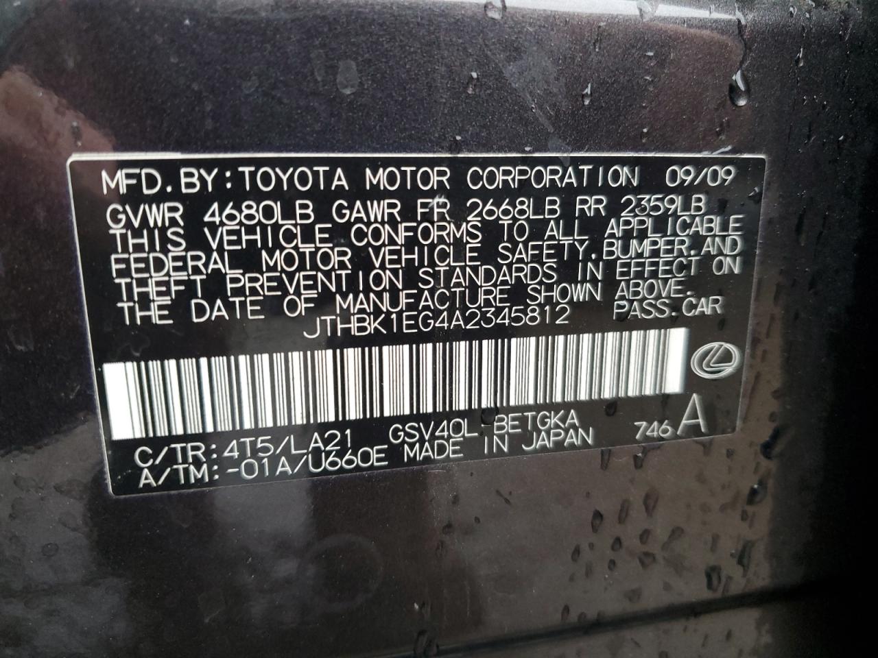 JTHBK1EG4A2345812 2010 Lexus Es 350