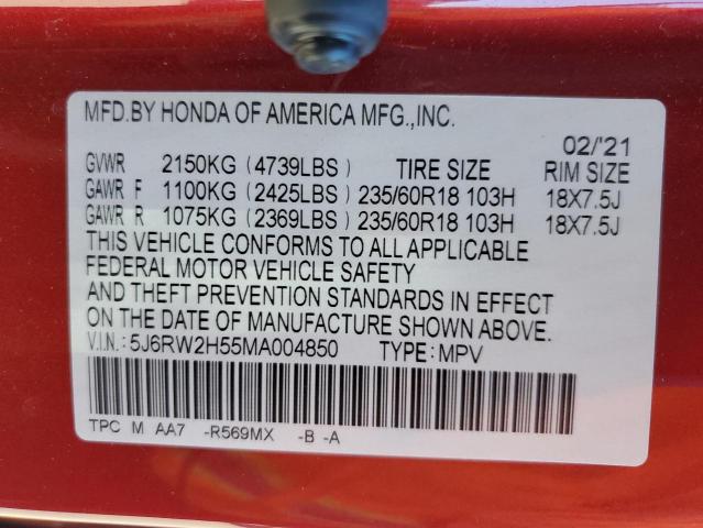 5J6RW2H55MA004850 | 2021 HONDA CR-V EX