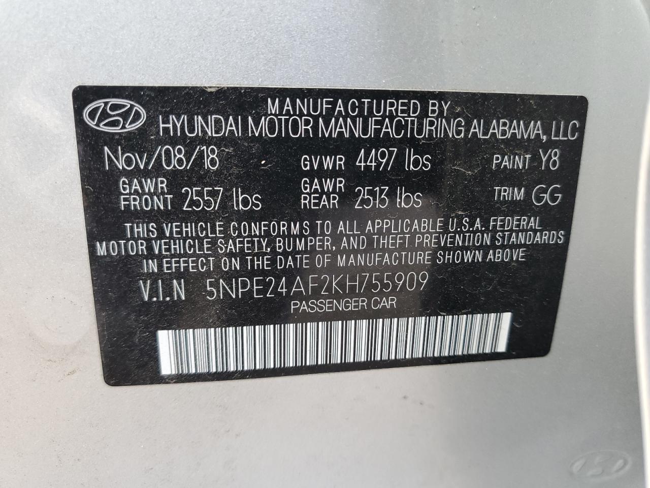 Lot #2689034535 2019 HYUNDAI SONATA SE