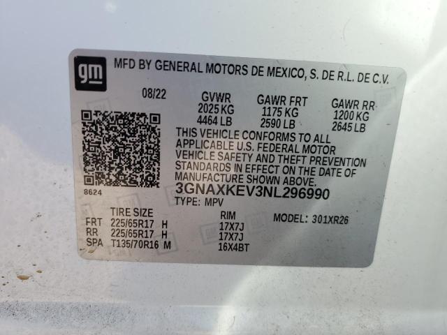 3GNAXKEV3NL296990 | 2022 CHEVROLET EQUINOX LT