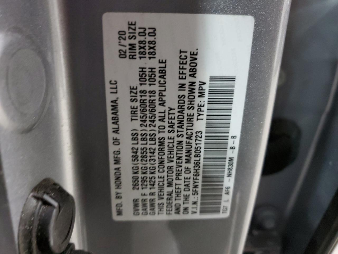 5FNYF6H36LB051723 2020 Honda Pilot Ex