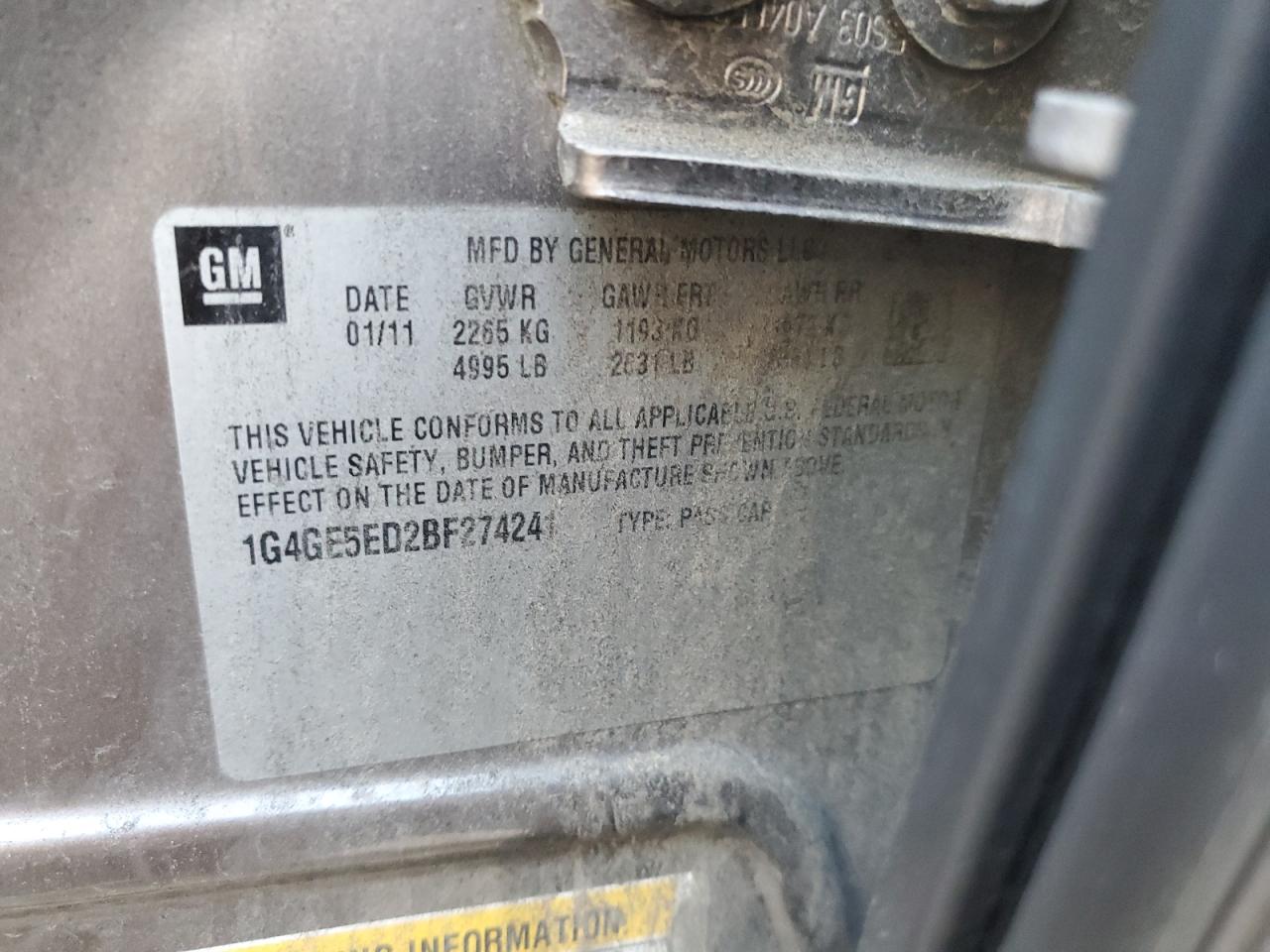 1G4GE5ED2BF274241 2011 Buick Lacrosse Cxs