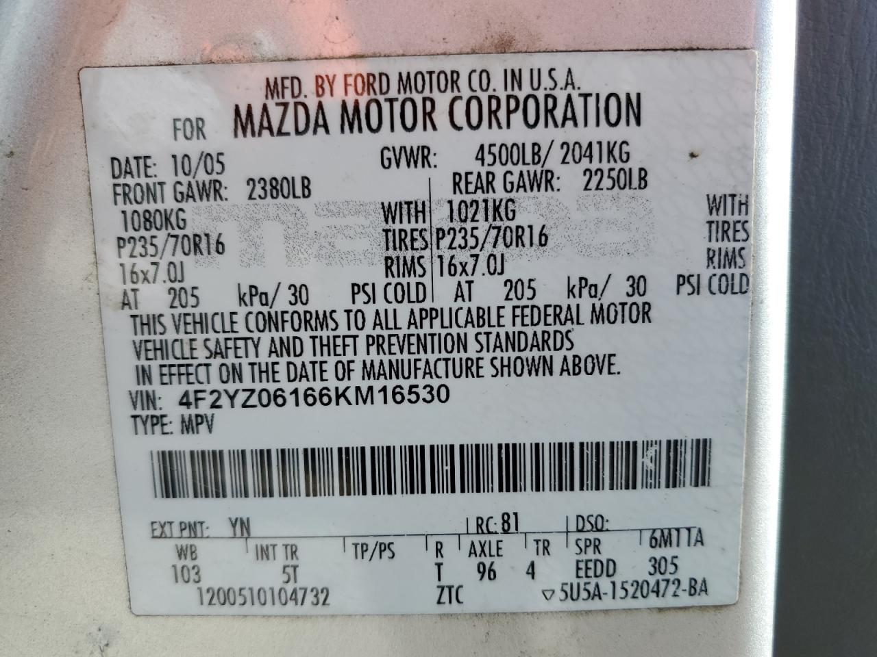 4f2yz06166km16530 4F2YZ06166KM16530 2006 Mazda Tribute S