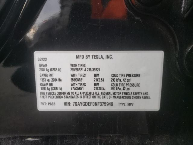 7SAYGDEF0NF375949 | 2022 TESLA MODEL Y