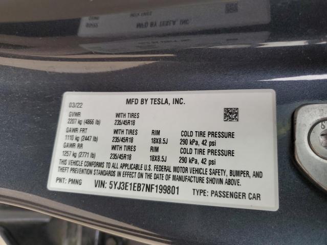 5YJ3E1EB7NF199801 | 2022 TESLA MODEL 3