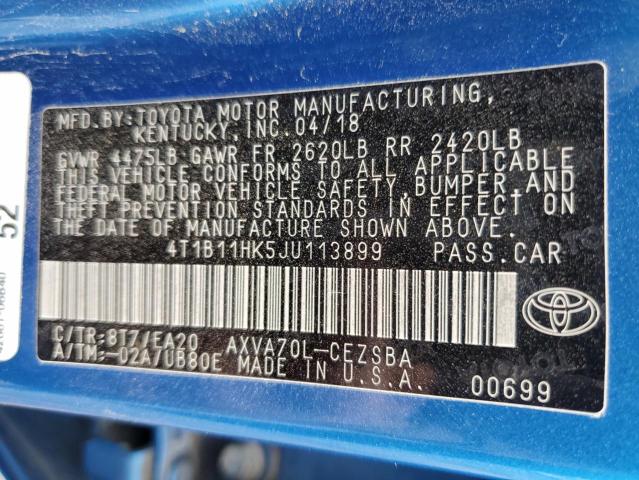 4T1B11HK5JU113899 | 2018 TOYOTA CAMRY L