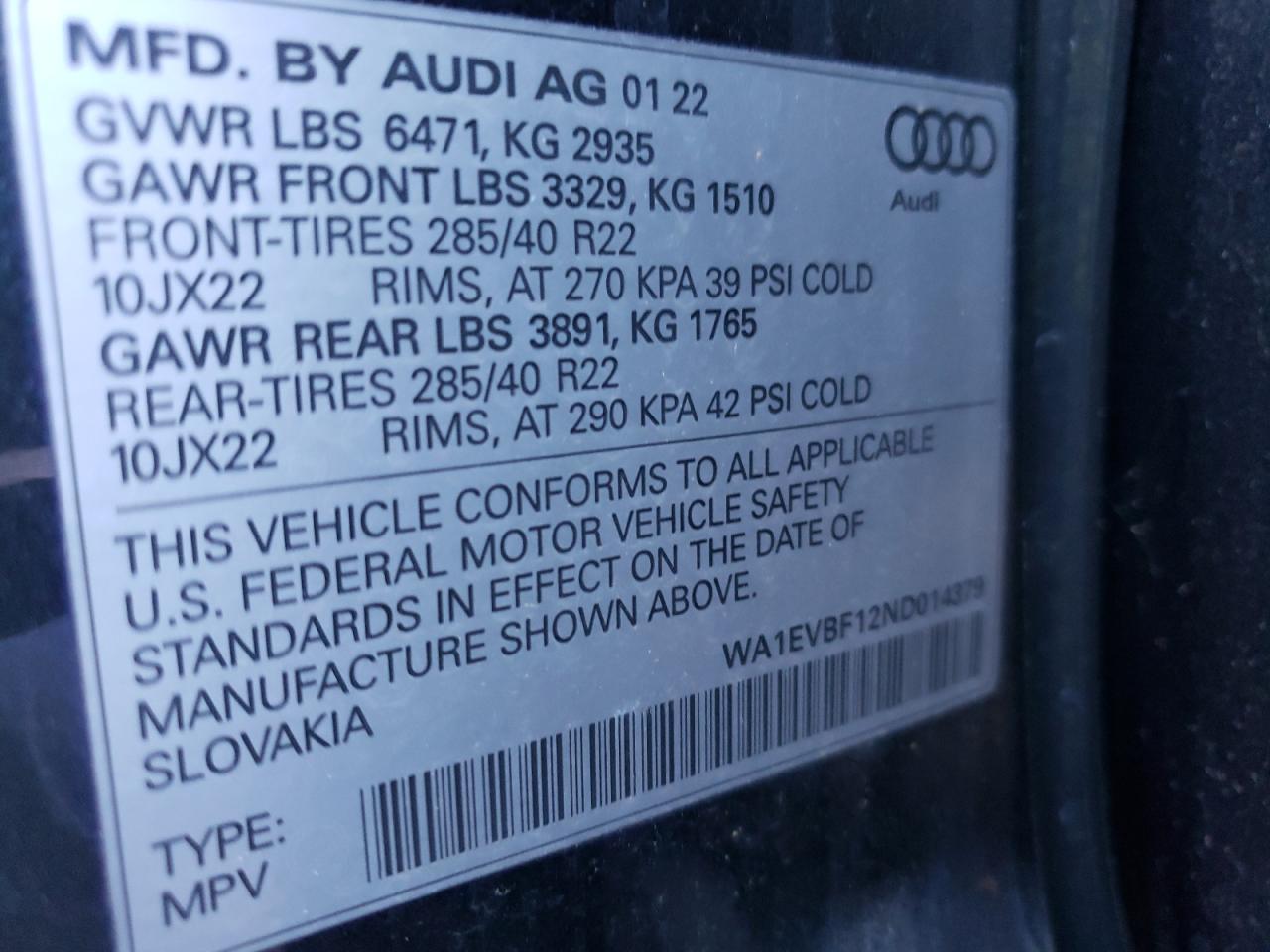 WA1EVBF12ND014379 2022 Audi Q8 Premium Plus S-Line