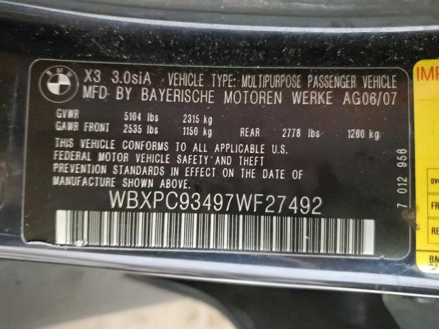 2007 BMW X3 3.0Si VIN: WBXPC93497WF27492 Lot: 78819803