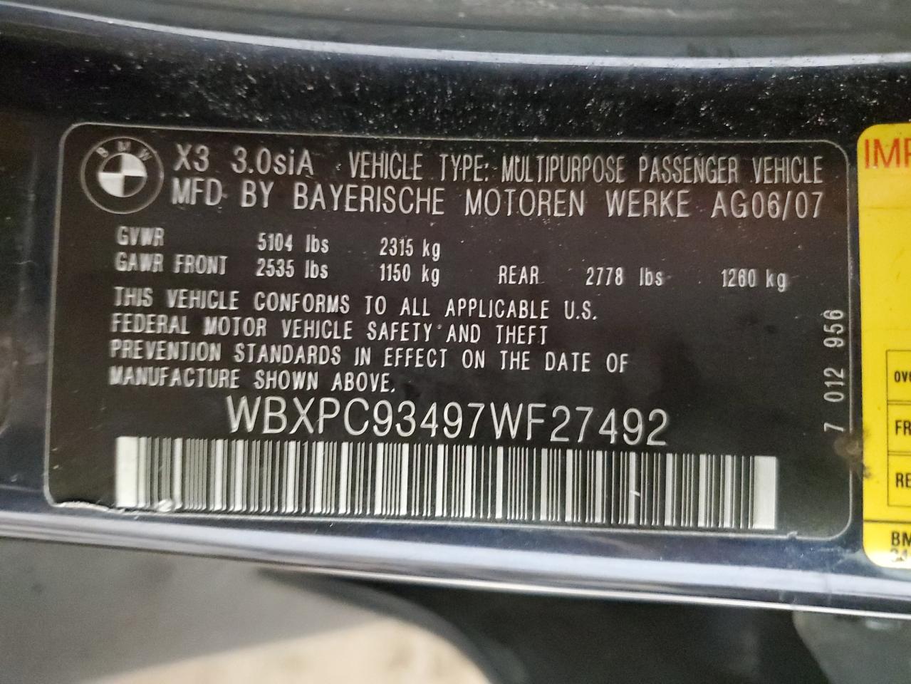 WBXPC93497WF27492 2007 BMW X3 3.0Si