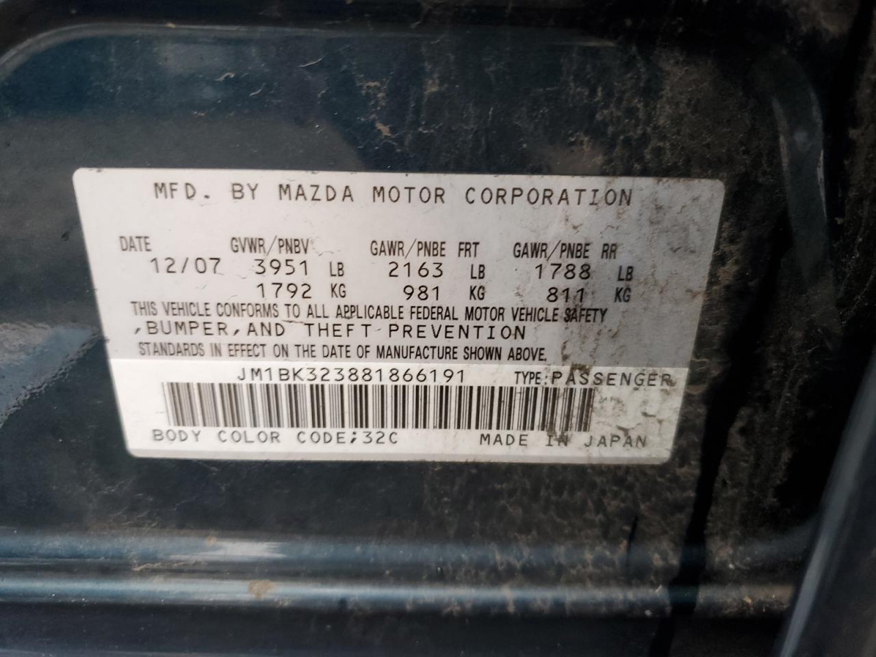 JM1BK323881866191 2008 Mazda 3 S JM1BK323881866191 2008 Mazda 3 S