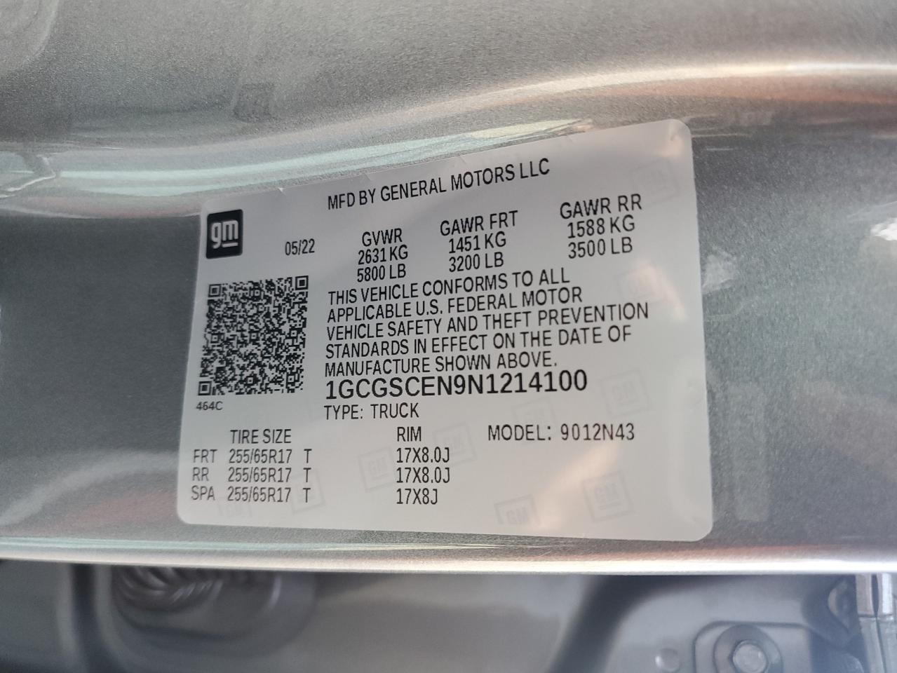 VIN: 1GCGSCEN9N1214100 2022 CHEVROLET COLORADO