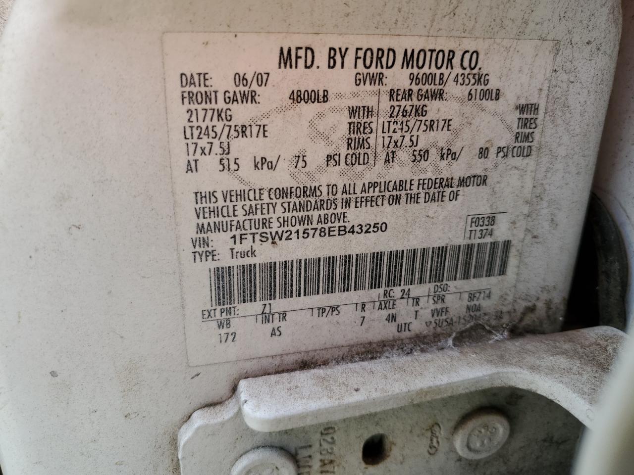 1FTSW21578EB43250 2008 Ford F250 Super Duty