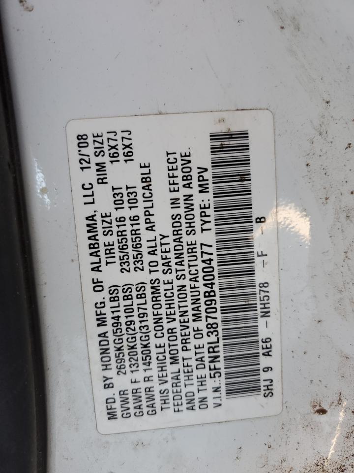 5FNRL38709B400477 2009 Honda Odyssey Exl