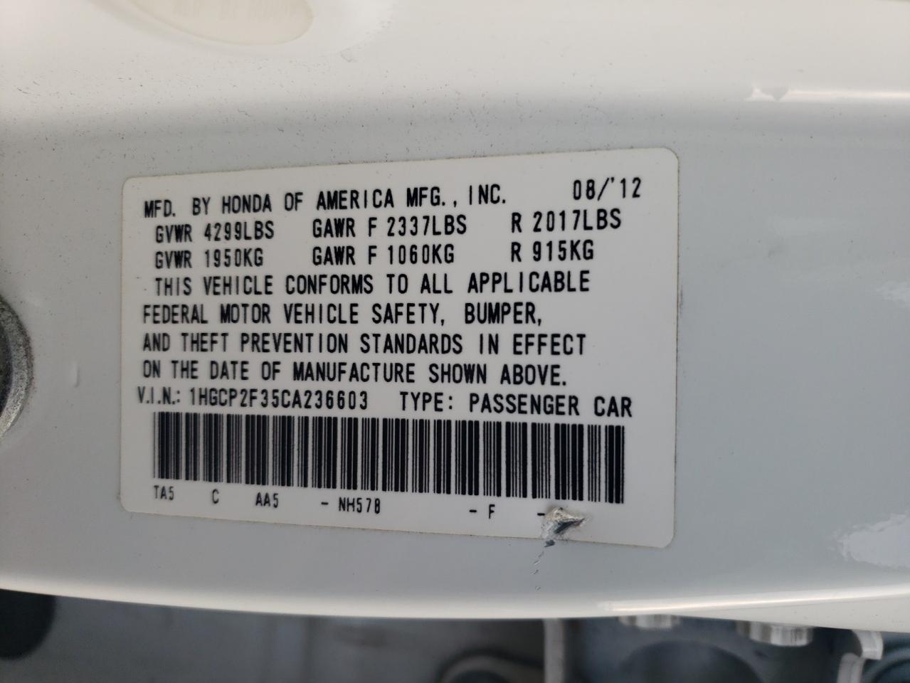 1HGCP2F35CA236603 2012 Honda Accord Lx