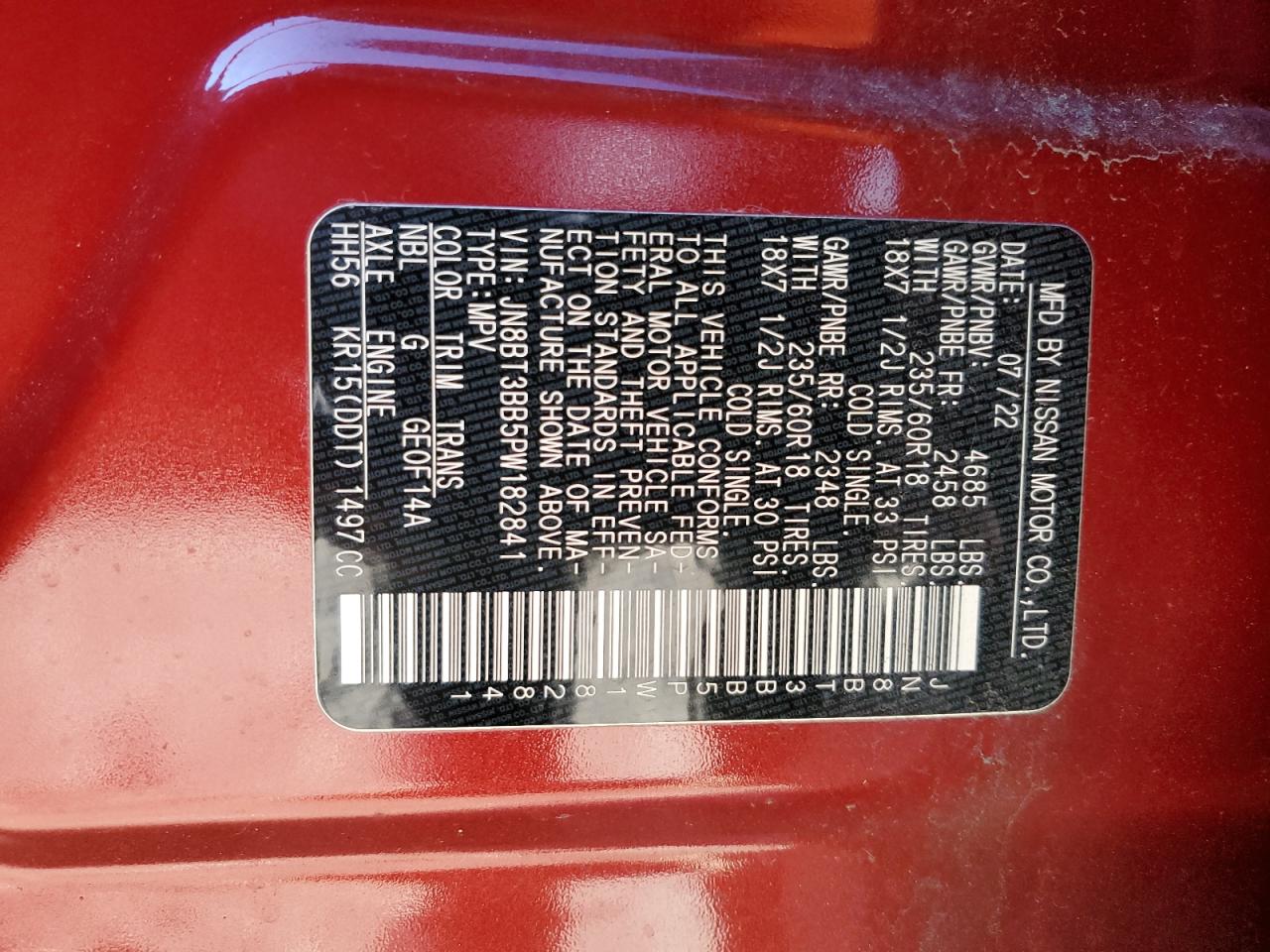jn8bt3bb5pw182841 JN8BT3BB5PW182841 2022 Nissan Rogue Sv