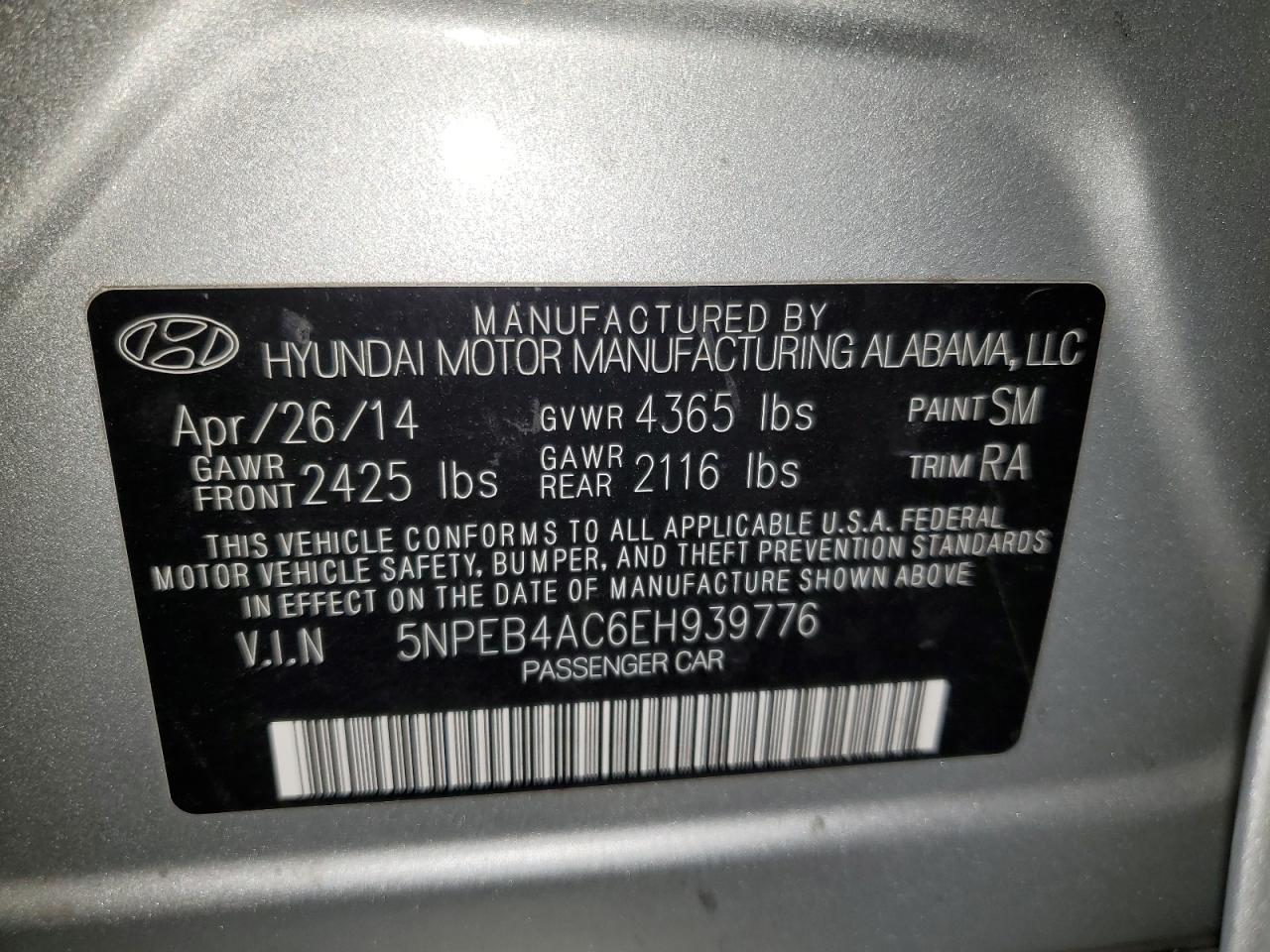 5NPEB4AC6EH939776 2014 Hyundai Sonata Gls