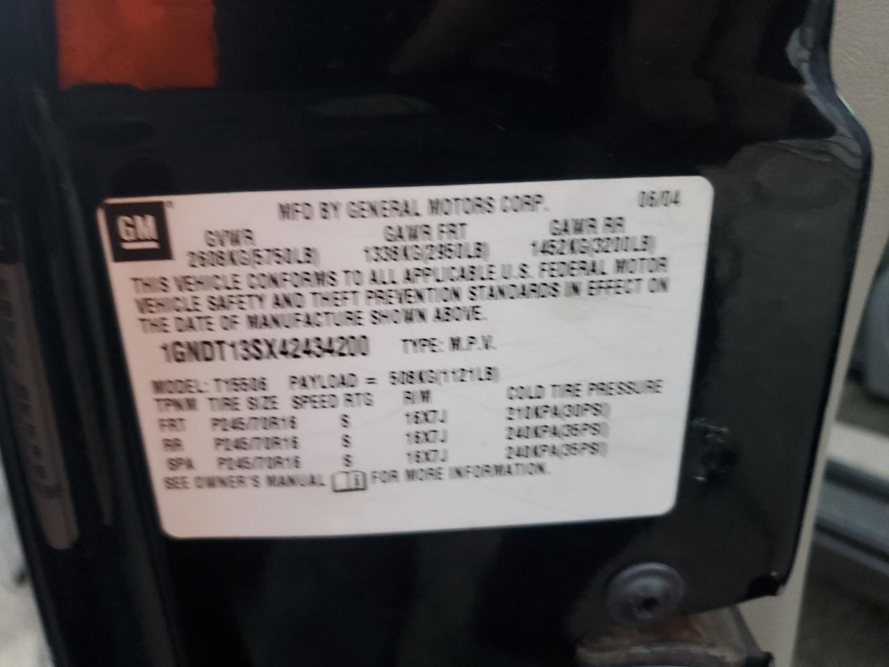 1GNDT13SX42434200 2004 Chevrolet Trailblazer Ls