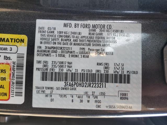 3FA6P0HD2JR223211 | 2018 FORD FUSION SE