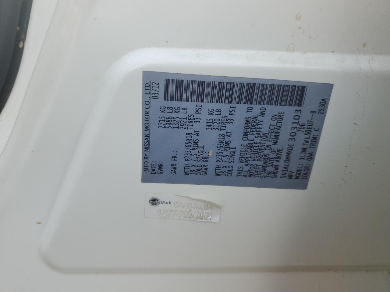 5n1al0mmxdc303103 5N1AL0MMXDC303103 2013 Infiniti Jx35