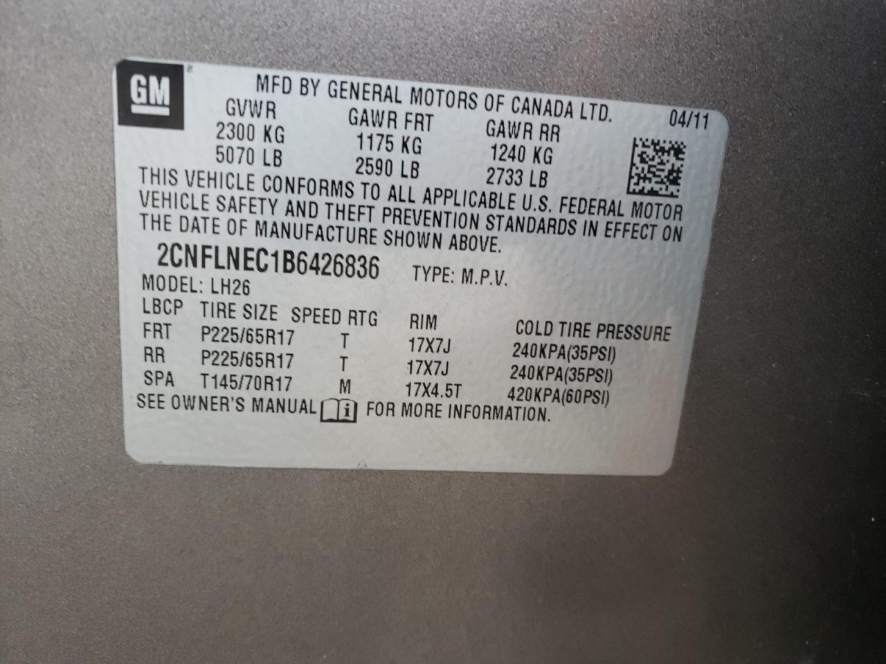 2CNFLNEC1B6426836 2011 Chevrolet Equinox Lt