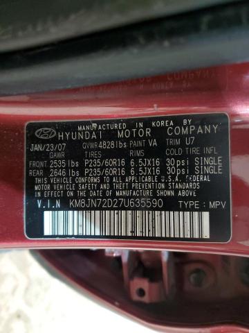 2007 Hyundai Tucson Se VIN: KM8JN72D27U635590 Lot: 81910813