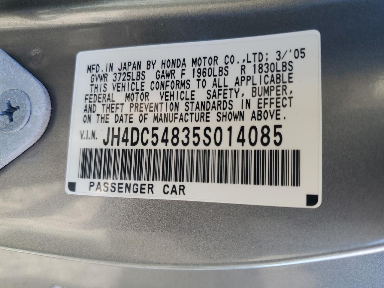 jh4dc54835s014085 JH4DC54835S014085 2005 Acura Rsx