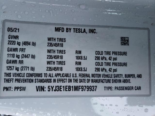 5YJ3E1EB1MF979937 | 2021 TESLA MODEL 3