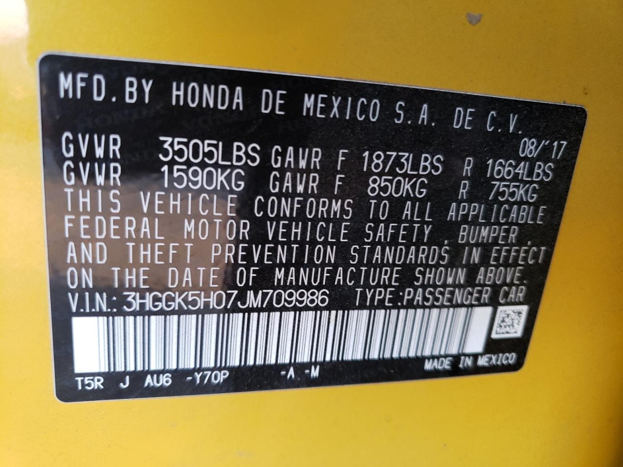 3HGGK5H07JM709986 2018 Honda Fit Ex-L