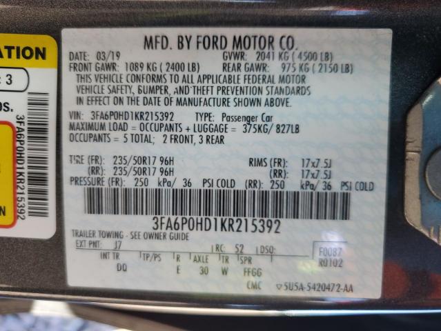 3FA6P0HD1KR215392 2019 FORD FUSION, photo no. 12