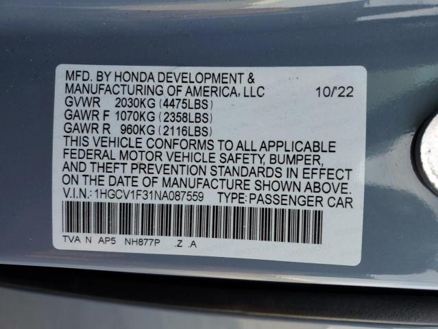 1HGCV1F31NA087559 | 2022 HONDA ACCORD SPO