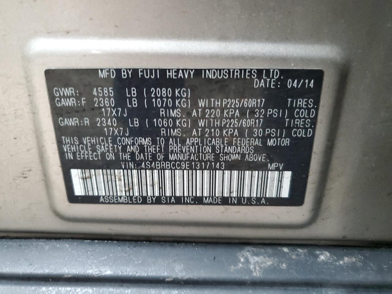 2014 Subaru Outback 2.5I Premium vin: 4S4BRBCC9E1317143