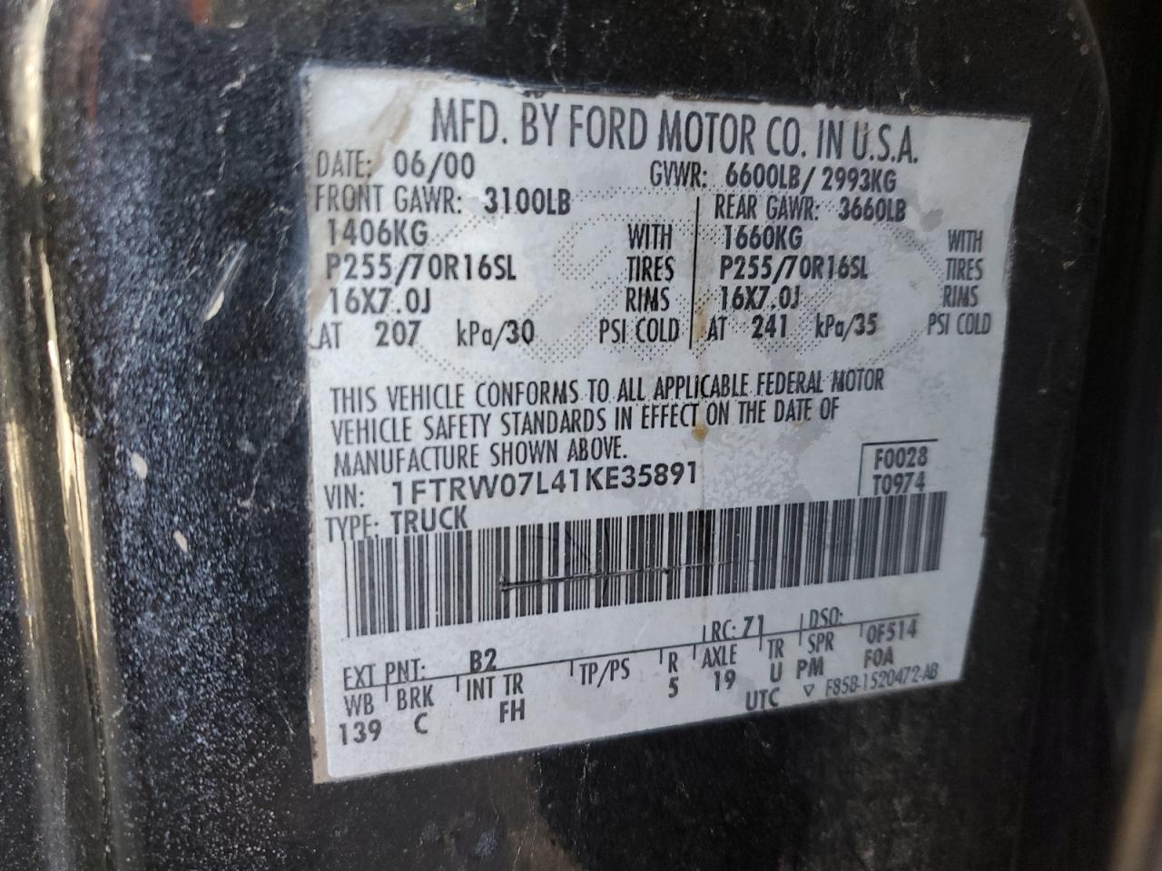 1FTRW07L41KE35891 2001 Ford F150 Supercrew