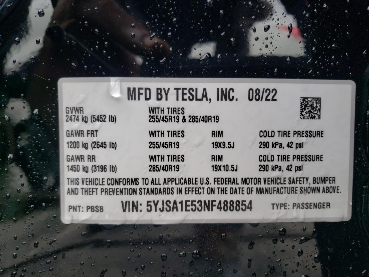 5yjsa1e53nf488854 5YJSA1E53NF488854 2022 Tesla Model S