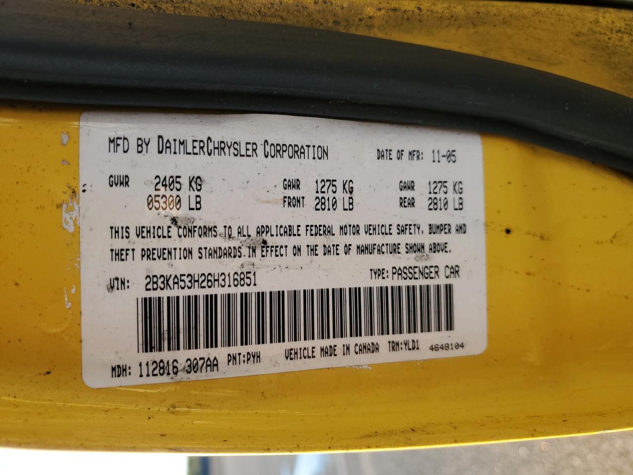 2B3KA53H26H316851 2006 Dodge Charger R/T