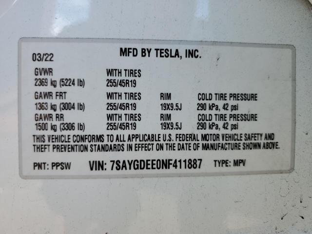 7SAYGDEE0NF411887 | 2022 Tesla model y