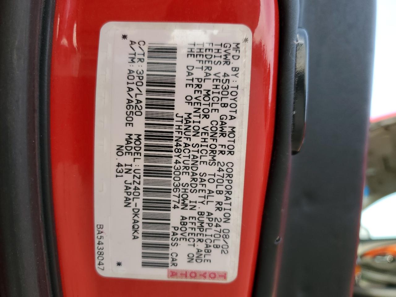 JTHFN48Y430036774 2003 Lexus Sc 430