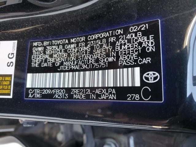 JTDEPMAE3MJ175751 | 2021 TOYOTA COROLLA LE