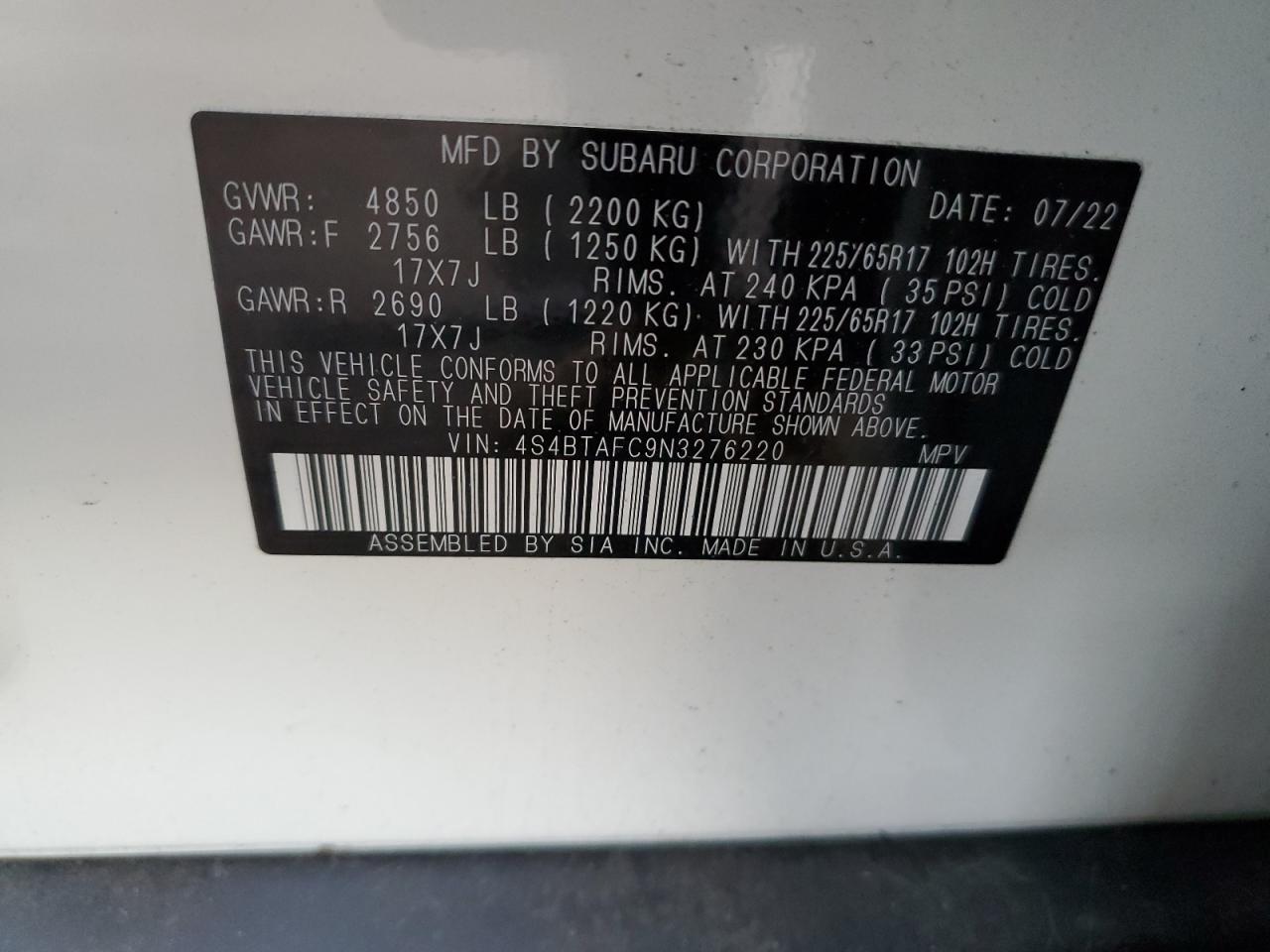 4s4btafc9n3276220 4S4BTAFC9N3276220 2022 Subaru Outback Premium