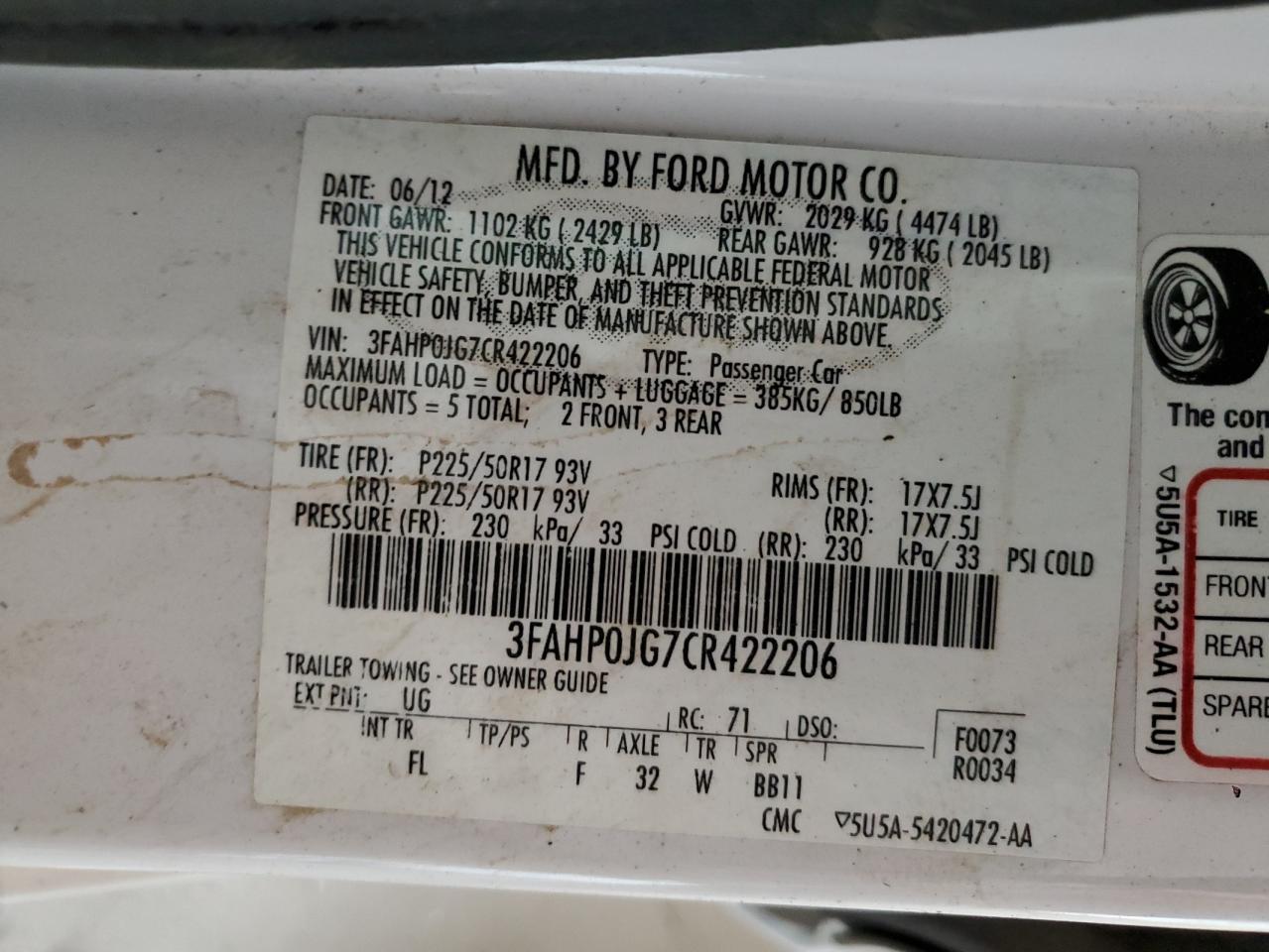 3FAHP0JG7CR422206 2012 Ford Fusion Sel