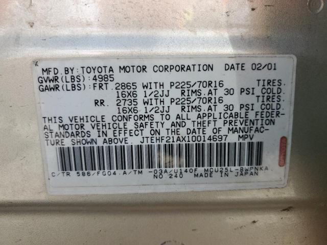 JTEHF21AX10014697 | 2001 Toyota highlander