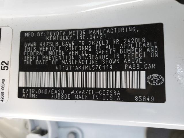 4T1G11AK4MU576119 | 2021 TOYOTA CAMRY SE